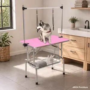 ARCH 46" Folding Dog Pet Grooming Table Stainless Steel Frame Rubber Mat on Board with Adjustable Arm and Clamps pet dog Cat Grooming Table (PINK COLOR)