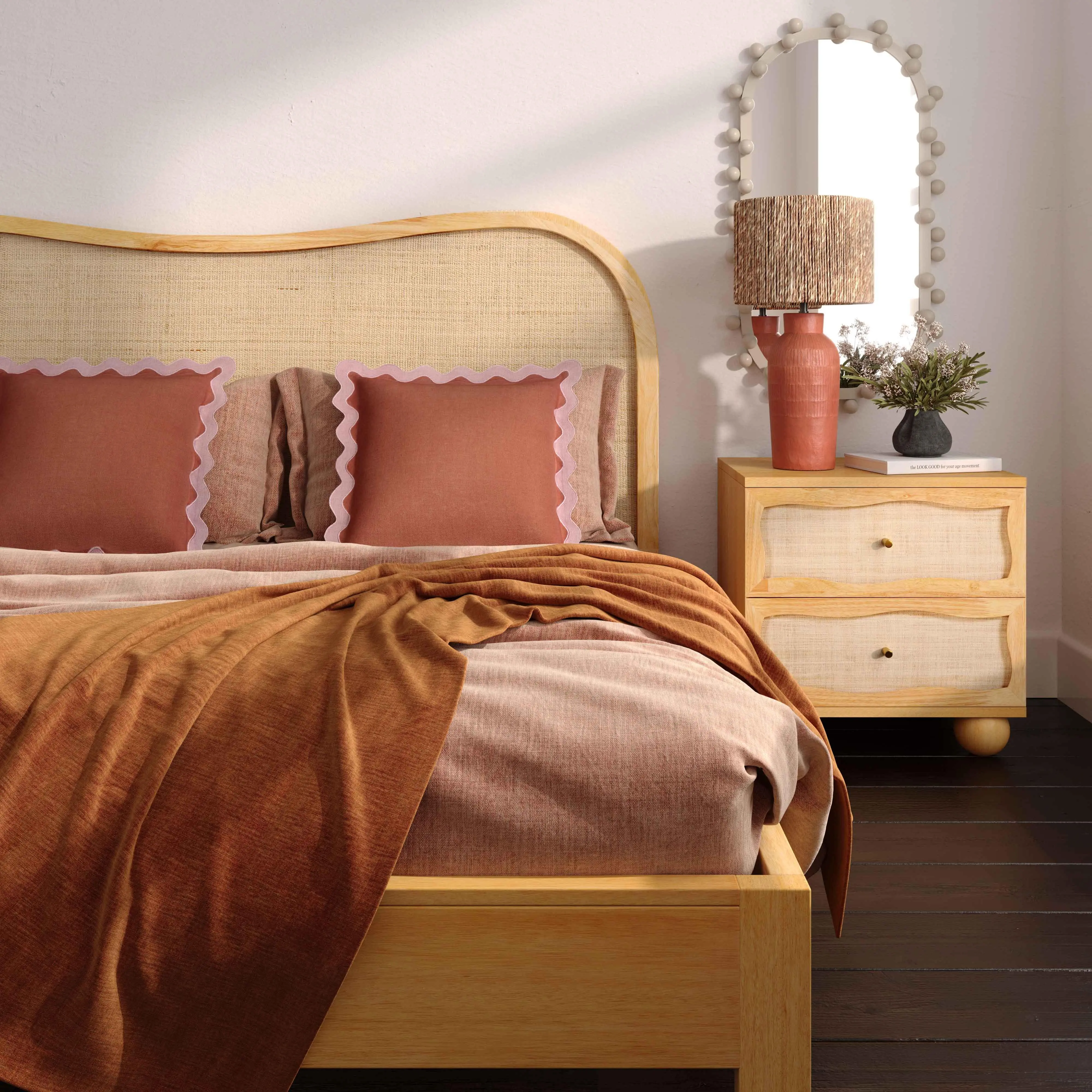 Grappa 22" Wood & Raffia Wavy 2-Drawer Nightstand