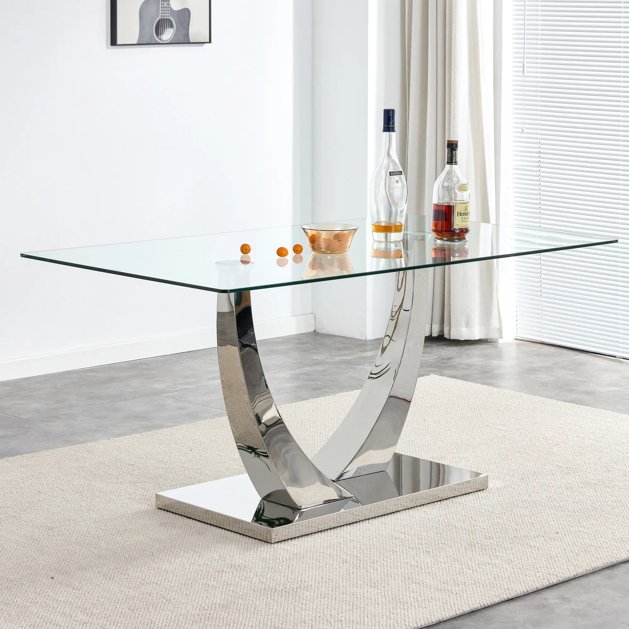 MUUOKY Modern 63"x35.4" Rectangular Glass Dining Table with Silver Stainless Steel V-Shaped Legs Tempered Glass Top for Kitchen & Dining Room black glass coffee table