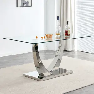 MUUOKY Modern 63"x35.4" Rectangular Glass Dining Table with Silver Stainless Steel V-Shaped Legs Tempered Glass Top for Kitchen & Dining Room black glass coffee table