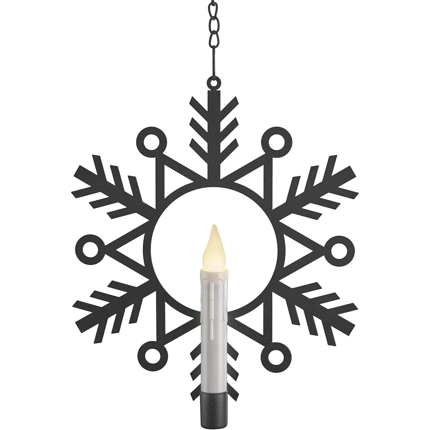 CW1500A 12-in Metal Snowflake Christmas Wall Decor Window Wreath, Battery-Powered with Warm White Flickering Flameless Candle Light, Automatic Timer Function, Black and White, Single