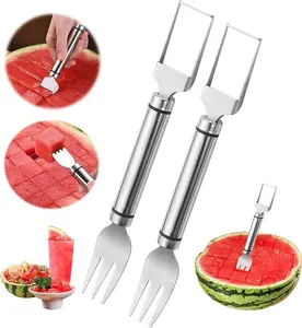 Watermelon Fork Slicer with Round Handle, 2 Pack 2-in-1 Stainless Steel Fruit Cutter for Kitchen Gadgets, Anti-Slip Dual Head Tool for Easy Cutting
