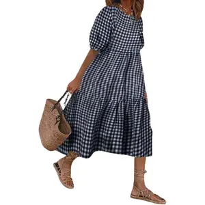 Chouyatou Women's Retro Lantern Puff Sleeve Plaid Dress Gingham Swing Tiered Midi Long Dress