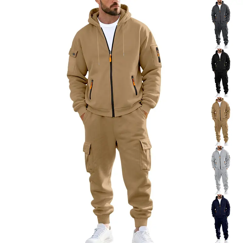 KZZ Male 2-Piece Fleece-Lined Fashion Tracksuit Set - Plain, Loose-Fitting Long Sleeve Hoodie & Multi-Pocket Drawstring Pants with Embroidery for Warm Casual Wear, Casual Fit, Black, M, Outfit Inspiration, Athleisure Sweatsuit, Casual Sweatsuit