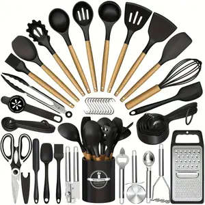 44PCS Silicone Kitchen Utensils Set – Non-Stick Cooking Tools with Wooden Handles, 446℉ Heat Resistant Spatulas for Nonstick Cookware – Complete Baking Kit with Holder, Kitchenware