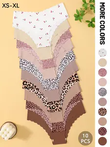 3/5/6/10/15 pcs Women's Seamless Shell-Shaped Slim Fit Fashion Breathable Underwear, Breathable Elastic Triangle Panties, Leopard & Solid Color, All Seasons Wear, Breathable Casual Elegant Panty