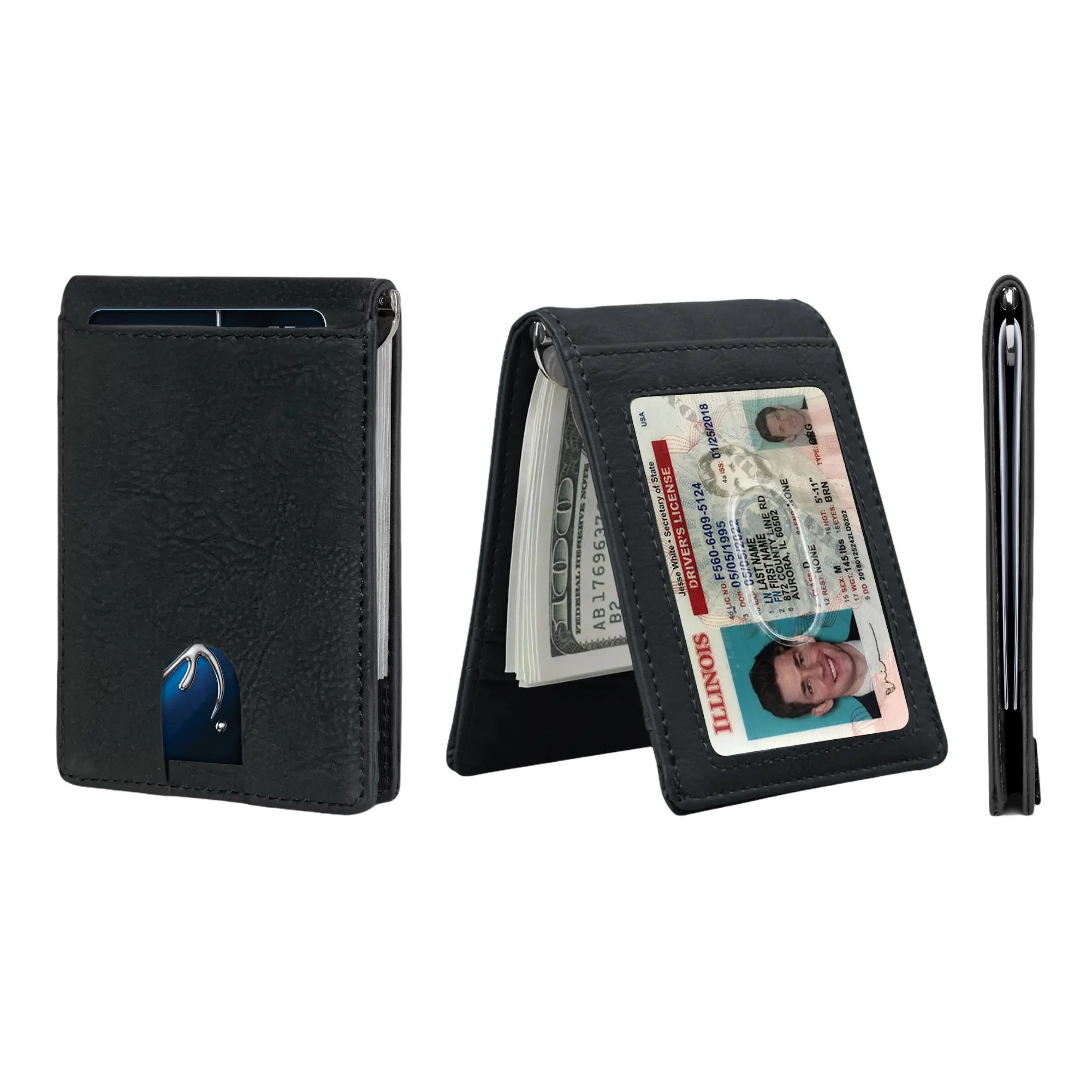 Ciana Men's Slim Black Leather Bifold Wallet with Money Clip, RFID Blocking Minimalist Front Pocket Business Cardholder, Black Wallet, Business Minimalist Wallet
