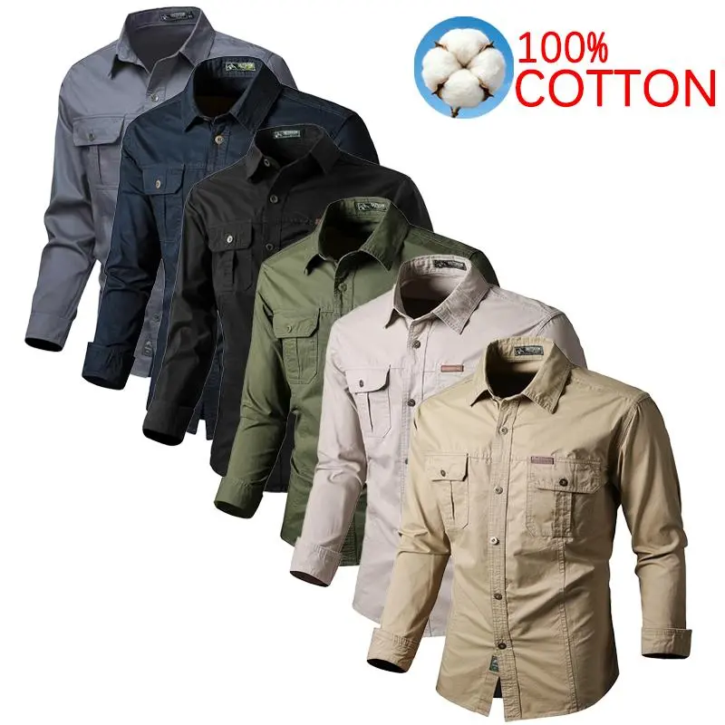Men’s 100% Pure Cotton Long-Sleeve Retro Shirt - Loose Fit, Button Front, Multiple Pockets, Fashionable, Suitable for Everyday Wear, Outdoors, Workwear, Green
