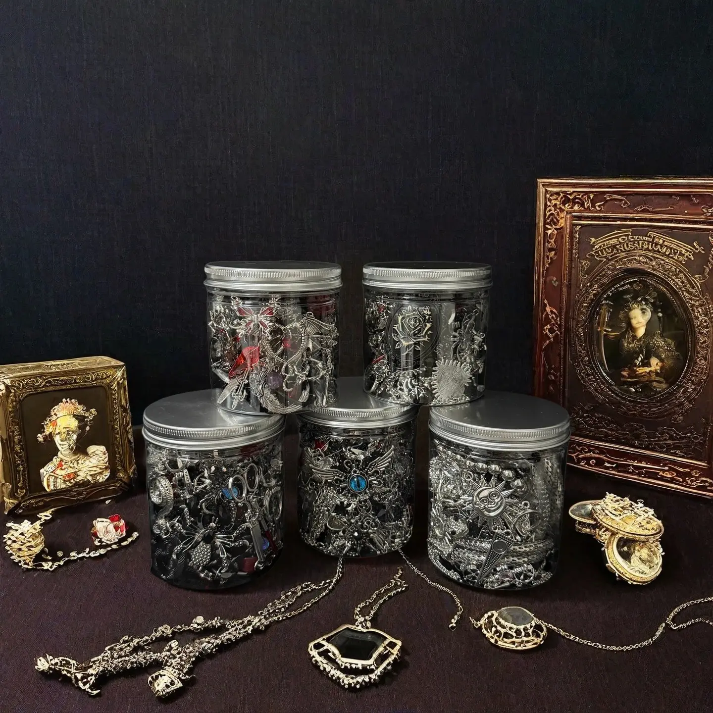 Women's GM Light Gothic Mystery Jewelry Jar Set - Costume Accessories Kit with Rings, Necklaces, Earrings, Animal Accents, Halloween Gift for Gothic Punk Aesthetic Cosplay, Womens Gifts, Animals, Accessories For Women, Earrings For Women