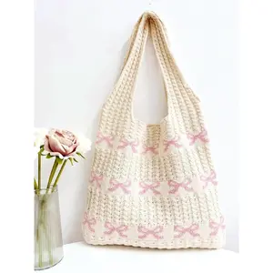 Women's Bowknot Pattern Crochet Shoulder Bag, Crossbody Tote Bag, Fashionable Bow Decor Tote Bag for Daily Used, Casual Trendy Versatile High-quality Daily Commuting Bag