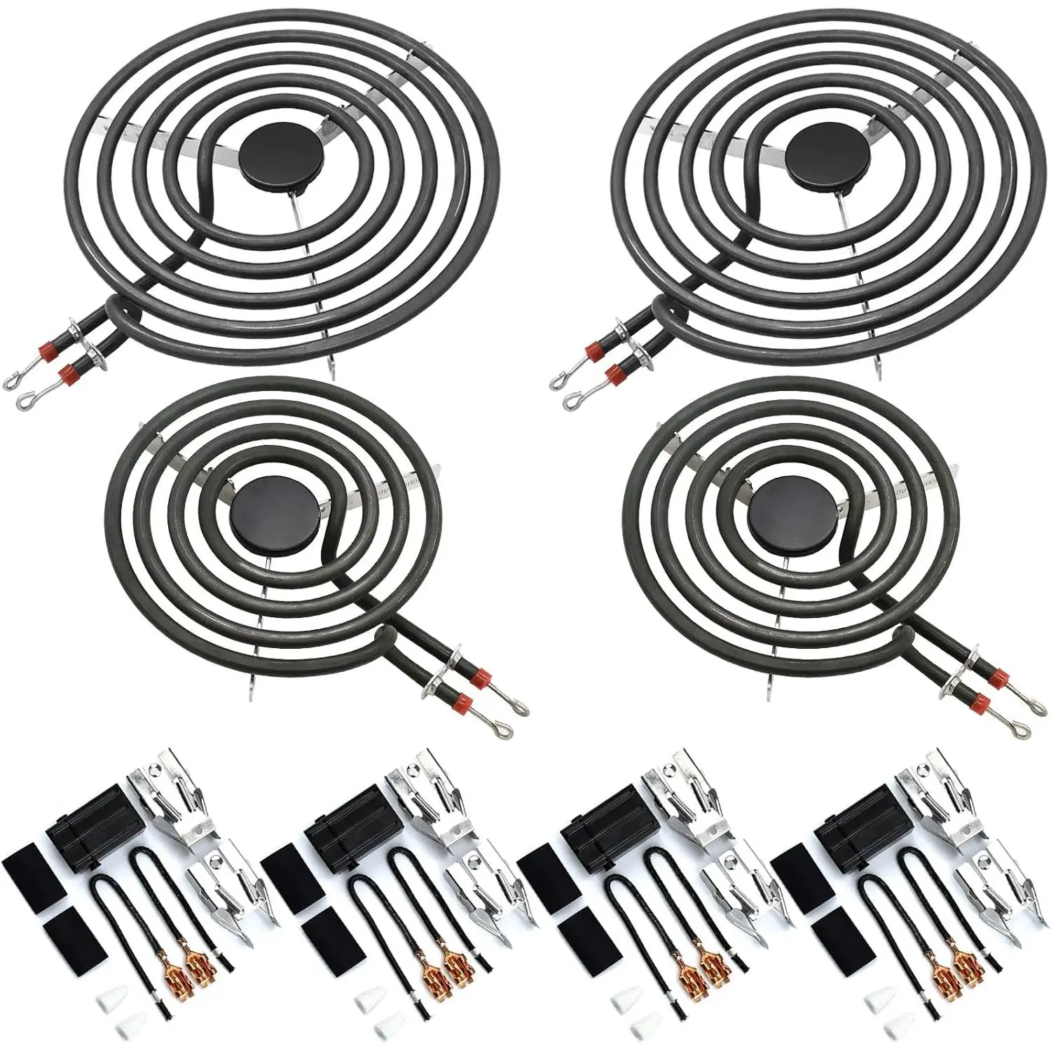 THE WELL KEPT Multi-Size Kitchen Electric Range Surface Burner Coil Corded Unit Set (2 MP15YA 6" & 2 MP21YA 8") with 4 330031 Plug-In Block Kits, Burner Replacement Part with Coil Wire, Home Supply Accessory