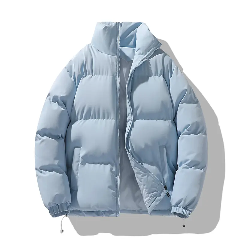 Men's Light Blue Stand Collar Puffer Jacket with Drawstring Hem & Ribbed Cuffs for Winter Warmth Casual Outerwear