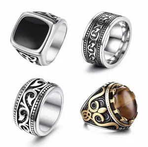 Unisex Men's Vintage Tiger Eye Ring Set - Multi-Size Wear-Resistant Stainless Steel, Large Oval Stone & King Crown Two-Tone Turkish Signet Rings, Jewelry Gifts for Biker Cocktail Party