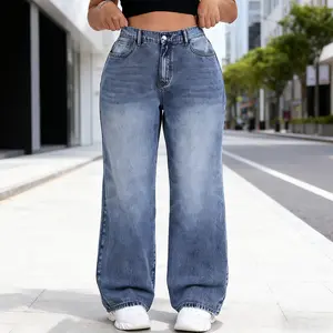 Zhangyan Plus Size Jeans for Women Baggy Straight Wide Leg Denim Pants Casual Boyfriend Womenswear Trouser