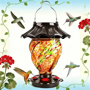 LUJII Solar Hummingbird Feeder for Outdoors – Color-Changing Hand-Blown Glass, 35 fl.oz Leakproof Lighted Lantern for Garden, Red, Unique Christmas & Holiday Gift for Bird Lovers