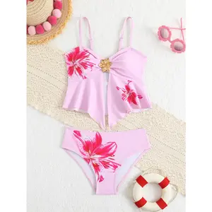 Medium/Large Girls' Adjustable Thin Strap Tankini Set, 2pcs Bikini with Floral Print, Girls' Swimwear for Vacation and Beach