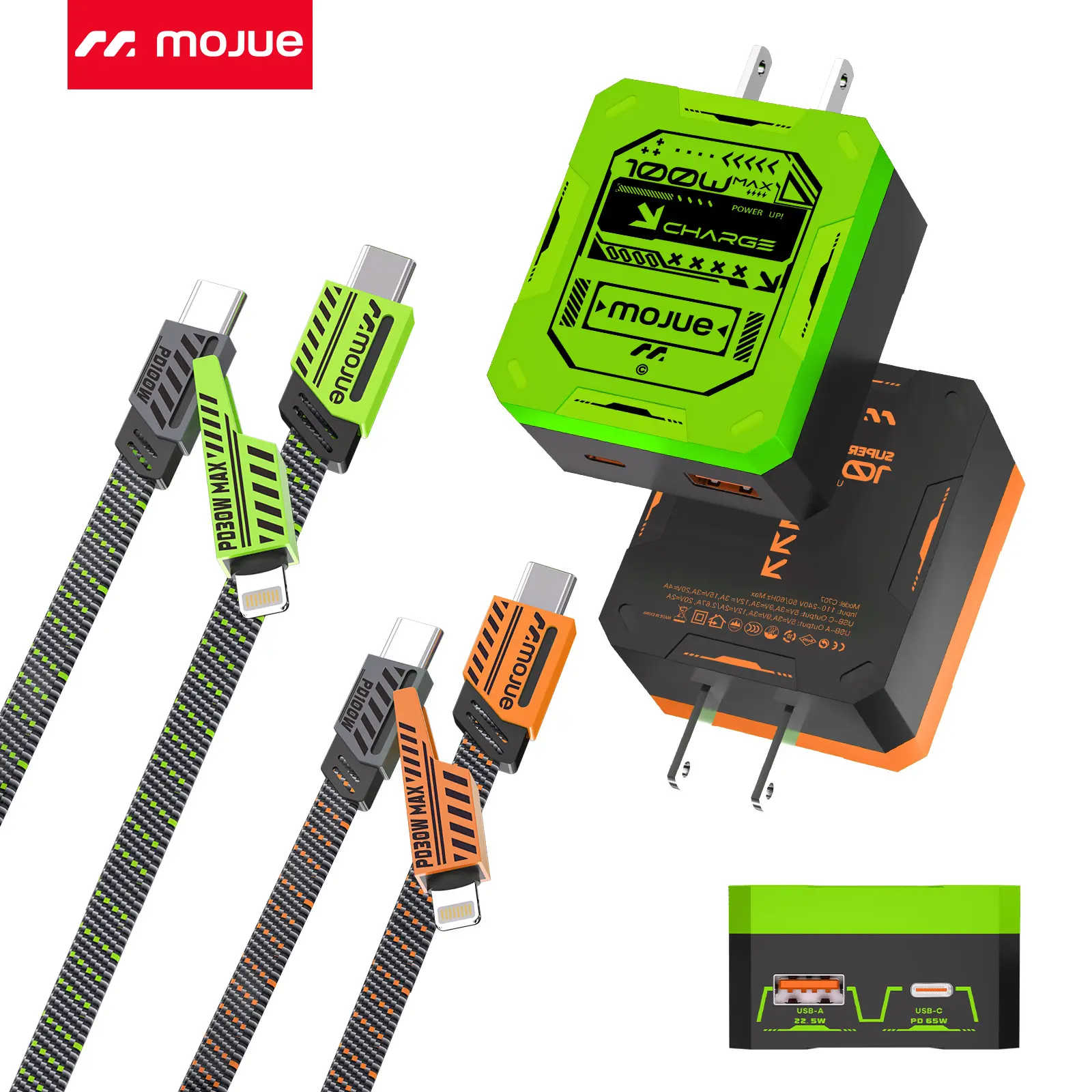 【1-PACK】MOJUE 100W 3-in-1 Fast Charging Set – Dual Port USB-C & USB-A Wall Charger with Braided Mecha-Style Cable, Compatible with iPhone 17/16/15/14/13, Samsung Galaxy, iPad & Android Connection Durable