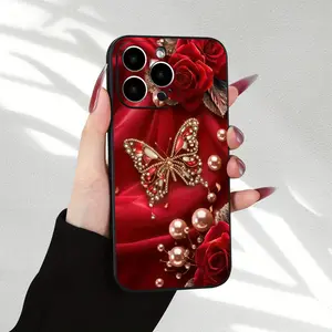 [Butterfly Phone Case] Shockproof Red Love Butterfly Mobile Phone Case - Complete Protection with TPU Soft Rubber - Compatible with Iphone 16, 15, 14, 13, 12, 11,Xs, Plus Pro Max Series Cover Protective Screen Protector Silicone