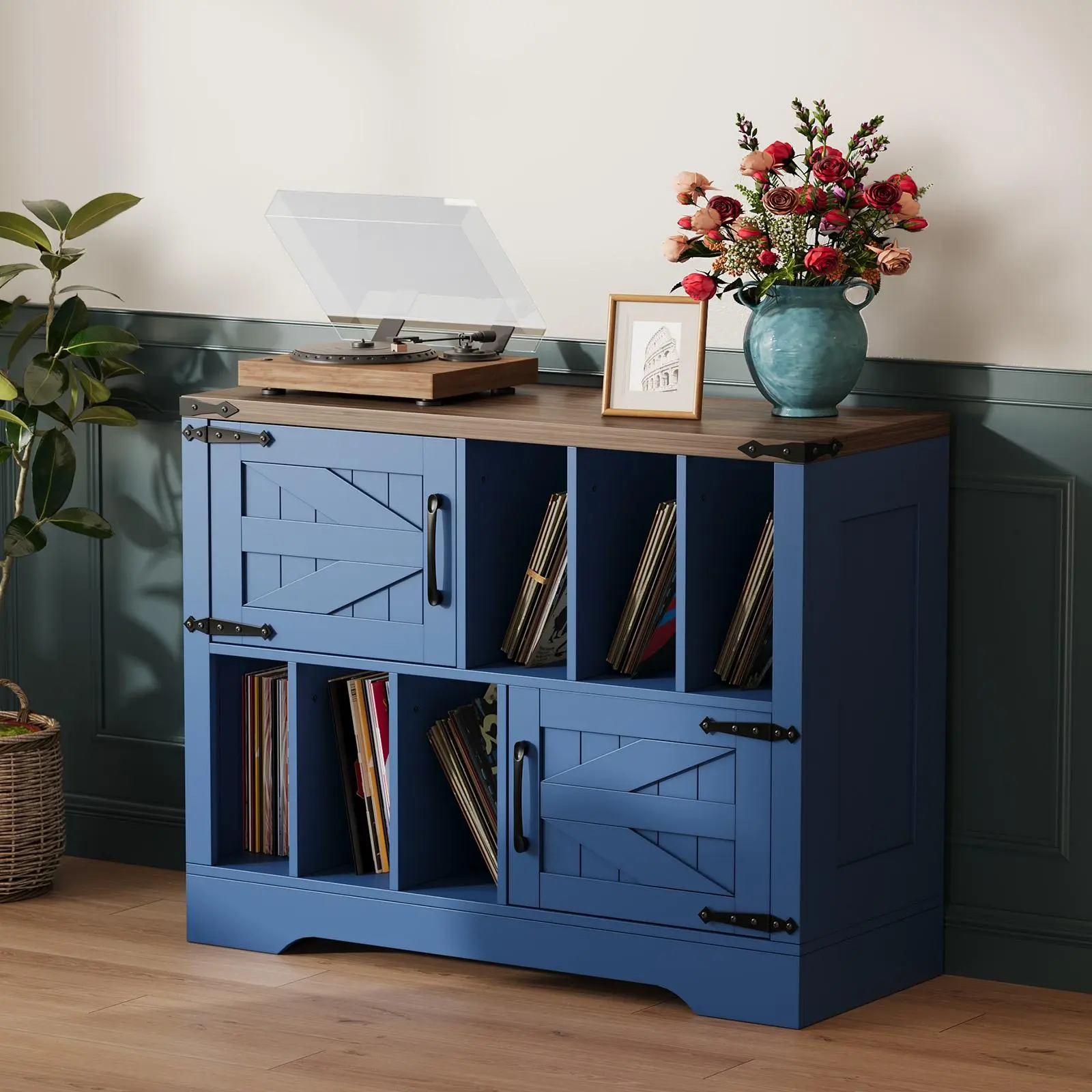 39" Farmhouse Record Player Stand with Barn Doors, Wood Vinyl Storage Cabinet Holds Up to 450 Albums, Large Turntable Table Media Console for Living Room