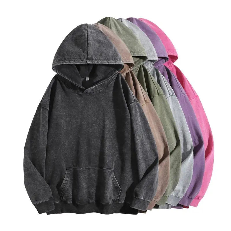 Women's Acid Wash Cotton Hoodie - Minimalist Loose-Fitting Baggy Longsleeve Pullover Sweatshirt with Kangaroo Pocket, Ribbed Details, Soft Fabric, Style, Casual Tops