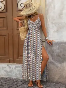 Summer Country Festival Outfits Vacation Style Geometric Printed Hollow Out Waist Spaghetti Strap Dress For Women, Summer Dress, Music Festival Country Dress