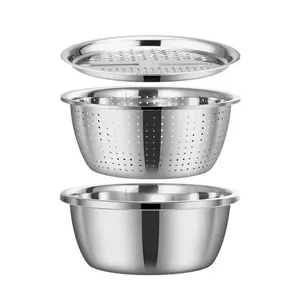 A set of 3PCS multi-functional, thickened stainless steel bowls with a draining basket, perfect for washing vegetables, rinsing rice, and as a colander or mixing bowl