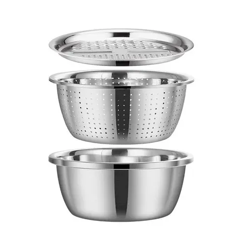 3PCS Sturdy Multi-Functional Thick Stainless Steel Bowls with Strainer Basket - Kitchen Utensils, Food Colander Kitchenware, Filtration Basket, Space-Saving Nesting, Dishwasher Safe, Rust-Proof Essential Set (for Veggie Washing, Rice Rinsing)
