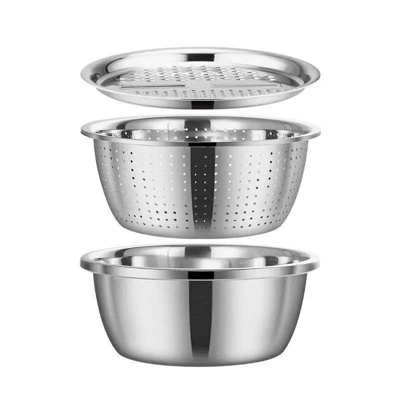 3PCS Multi-Functional Thickened Stainless Steel Bowls with Draining Basket – Perfect for Washing Veggies, Rinsing Rice, Colander & Mixing Bowl, Durable Rust-Proof, Space-Saving Nesting Design, Dishwasher Safe, Essential Versatile Kitchen Set