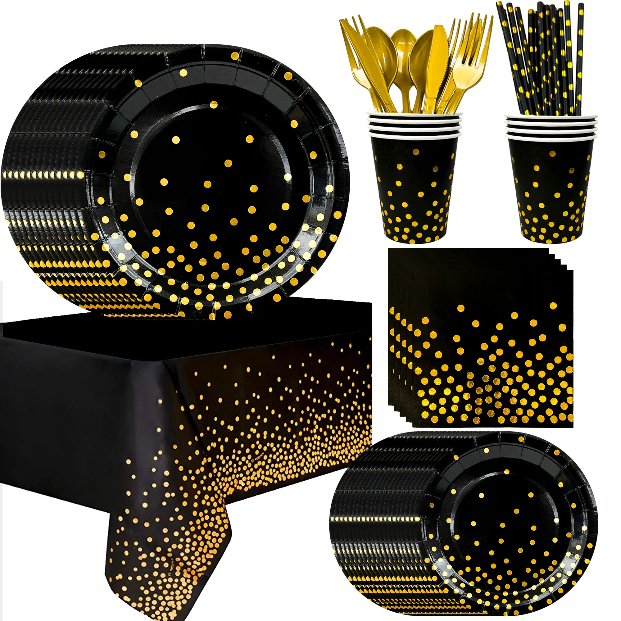 Black and Gold Party Decorations Tableware,193pcs Black Gold Polka Dot Tableware Set Black and Gold Paper Plates Black Golden Dot Paper Cups Black and Gold Table Cover etc Black Gold Party Supplies Disposable Dinnerware