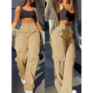 Women’s high-waisted cargo pants — brown, loose fit, flap pocket design; all-season casual streetwear; relaxed-fit pants; durable fabric; women’s bottoms; solid trousers; basic minimalist