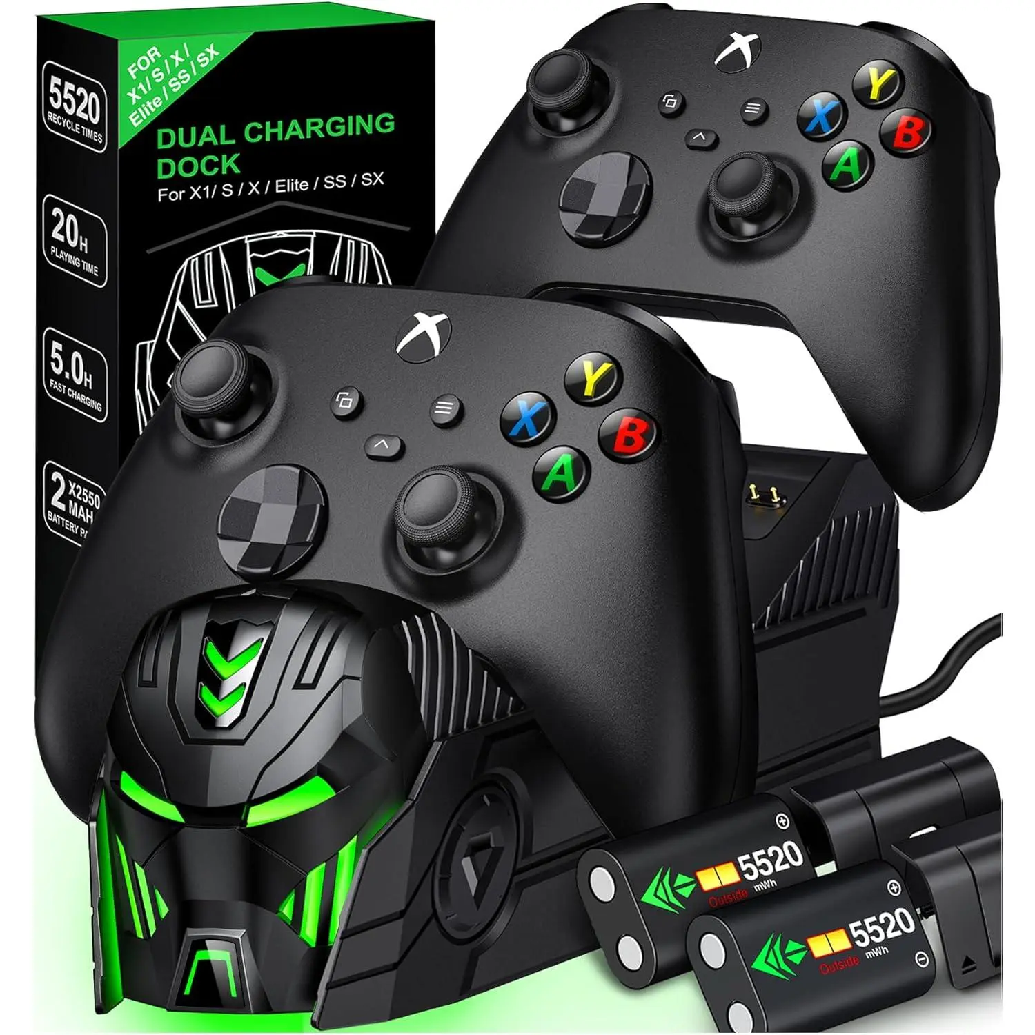 Rechargeable Xbox One Controller Charger Station with 2X 5520mWh Battery Pack Accessories Storage - for Xbox Series X/S/One/One X/One S Elite with 4 Battery Covers