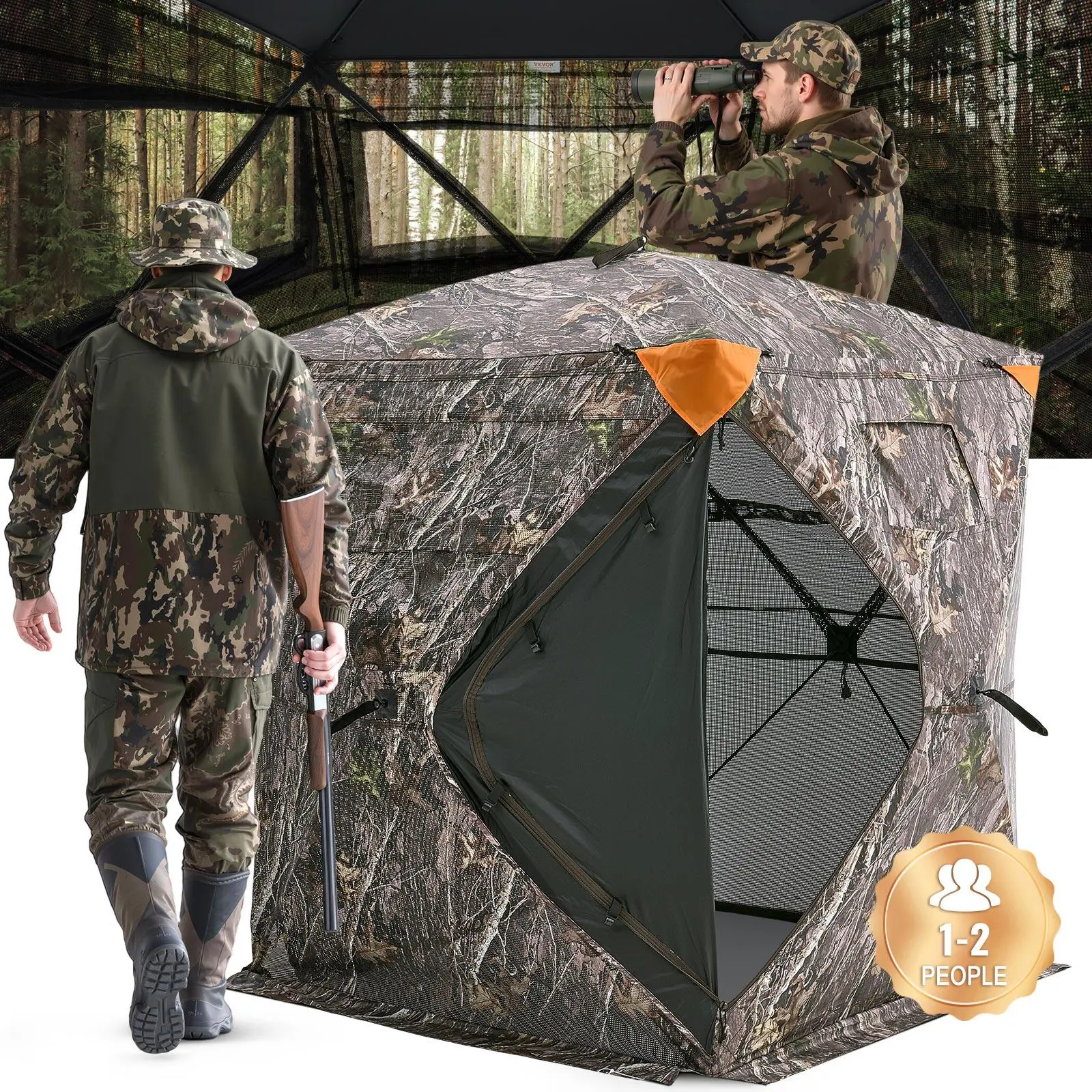 【Summerfinds】VEVOR Hunting Blind, 270° See Through Ground Blind, 1-2 Person Pop Up Deer Blind for Hunting with Carrying Bag, Portable Resilient Hunting Tent, One-Way See-Through Mesh for Turkey and Deer Hunting