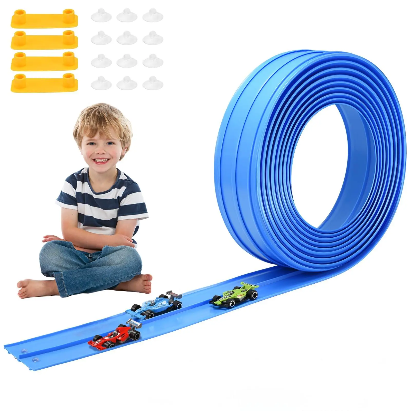 Flex Tracks 15 Ft Starter Set Durable Flexible Race Track for Kids, Race Car Ramp Track Compatible with Hot Wheels and Diecast 1/64th Cars, Portable Rolls Up Easy Storage Race Tracks with Strong Suction Cups (Race car not included),Boys & Men gifts