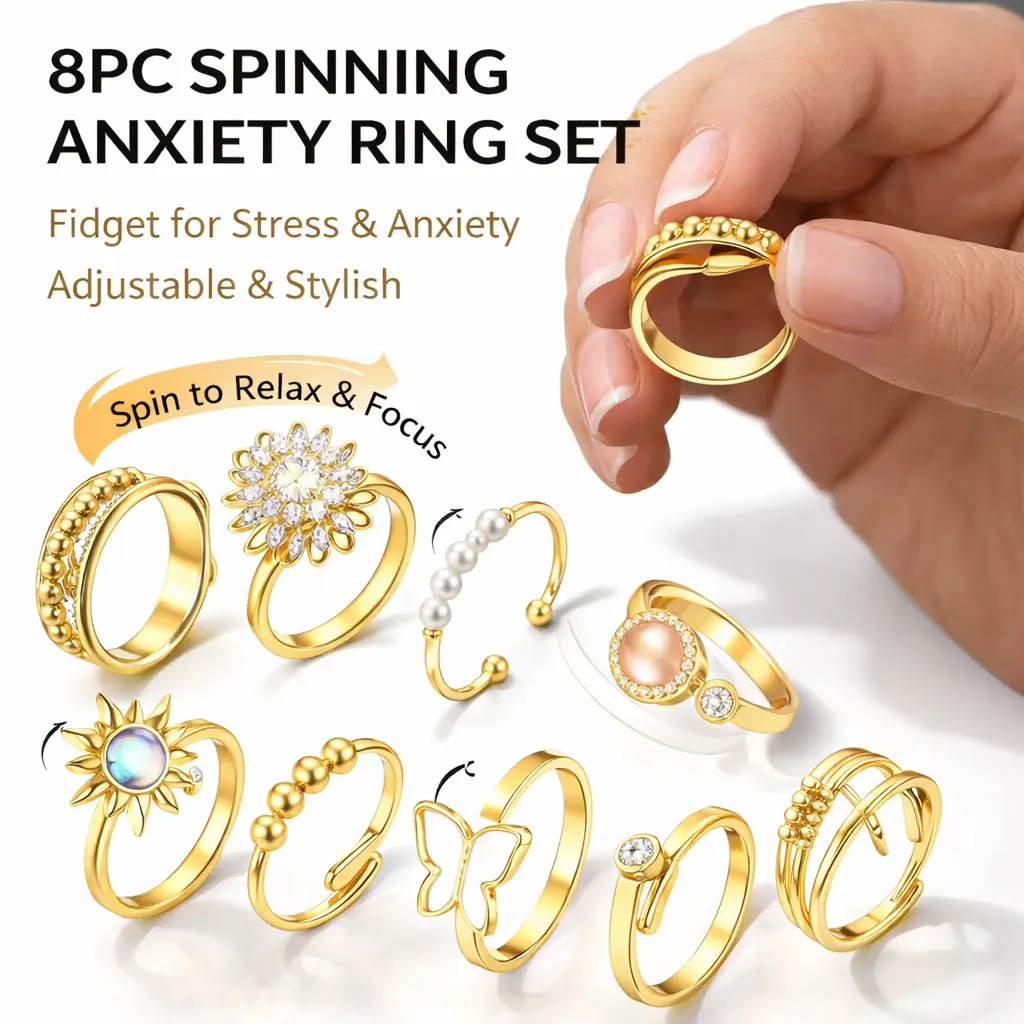 8 Pack Fidget Anxiety Rings for Women – 14K Gold Plated Spinner Adjustable Stress Relief Rings with CZ Sunflower, Butterfly, Bead, and Evil Eye Designs – Non-Tarnish Open Ring Stack Set for Anxiety Relief, Daily Wear, and Gifts