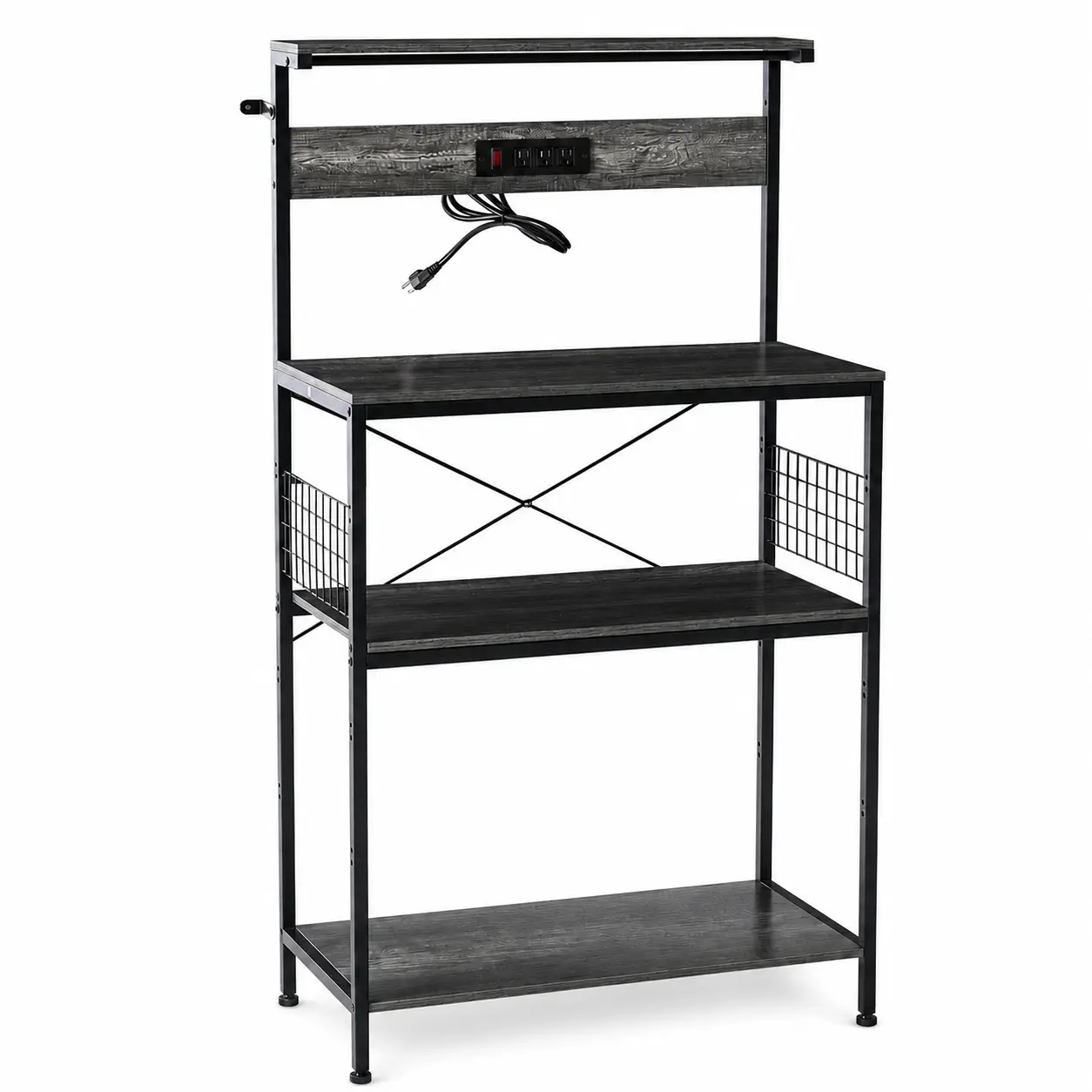"Estante de Cocina con Enchufe, Soporte para Microondas, Estación de Café de 3 Niveles, Organizador de Cocina para Especias y Ollas, Almacenamiento Ajustable, Escritorio Grande 23.6x16.5 Pulgadas, Color Gris/Rústico"