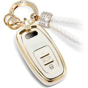 ACEBOY For Audi Key Fob Cover With Luxury Diamond Bling Braided Rope Keychain, Upgraded Soft Key Case For A3-A8 Q5 Q8 R8 RS4-RS7 S4-S8 SQ5 Key Fob Shell