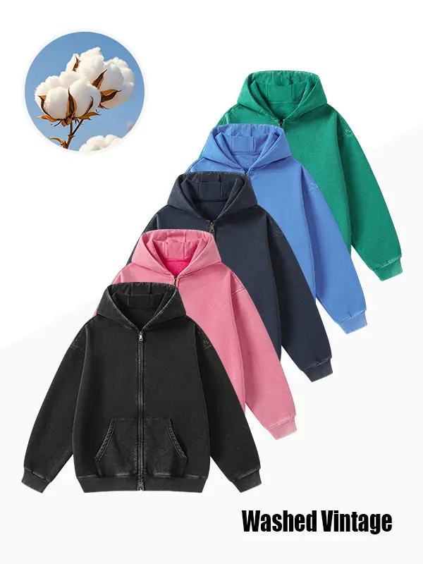 Unisex vintage washed zip-up hoodie, oversized full-zip streetwear hooded sweatshirt, casual loose-fit jacket with front kangaroo pocket