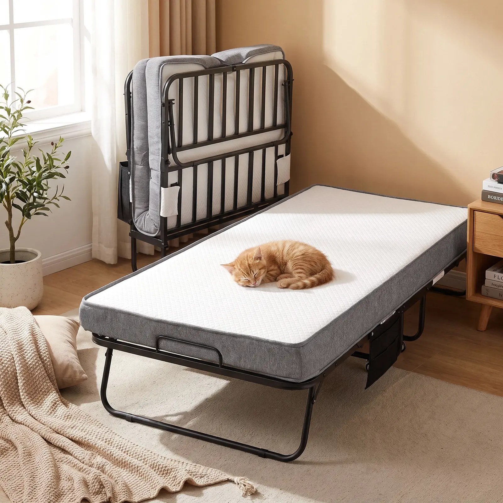 BODIOO Twin Size Foldable Portable Bed with Compact 75"x38" Steel Frame, Quick-Fold Design, Side Pocket, Transport Wheels for Space-Saving Home Office Indoor Furniture Storage
