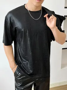 Men's Oversized PU Leather Printed Short Sleeve Round Neck Longline Tee Shirt Tops