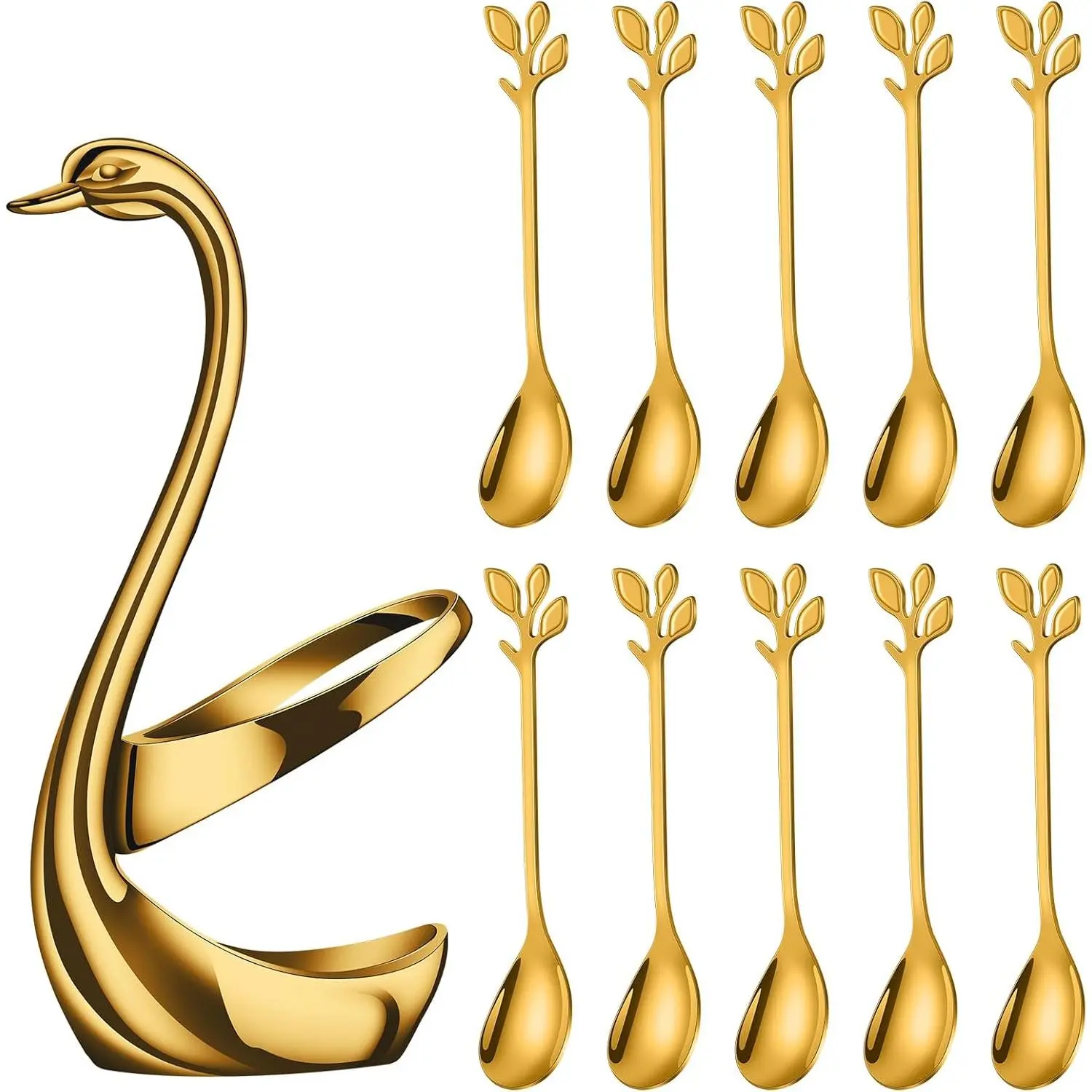 11 Pcs Small Coffee Spoon Holder Set,Including 1 Swan Base with 10 Demitasse Espresso Spoons (Gold/Sliver),4.7" Mini Leaf Dessert Spoon,Halloween Christmas Party Father's Day Gift,Hand Tools Kits