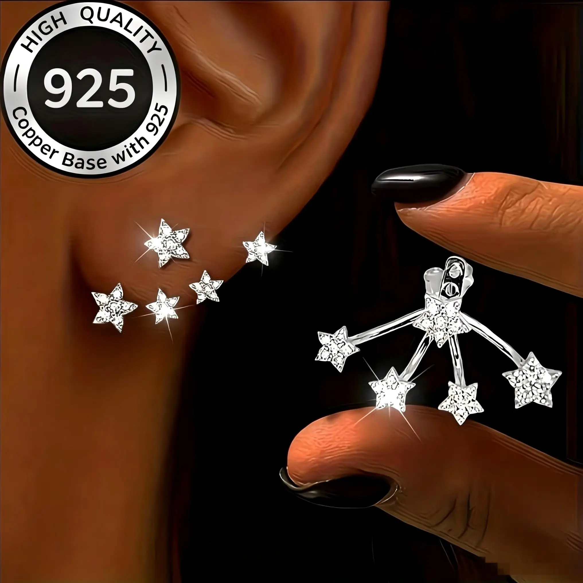 925 Sterling Silver Plated Star Stud Earrings for Women, 5-Prong Cubic Zirconia Starburst Ear Jacket Earrings, Hypoallergenic Front Back Earrings, Dainty Celestial Jewelry Gift for Her