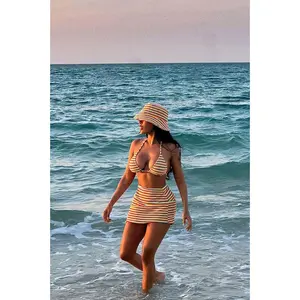 Joanna Stripe Terry Bucket Hat & Skirt 4 Piece Bikini Set - Yellow/combo