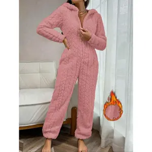 Women's Thick Plush Hooded Jumpsuit Pajamas Set, Casual Plain Zipper Design, Cozy Fall & Winter Home Wear, High-End Fluffy Loungewear
