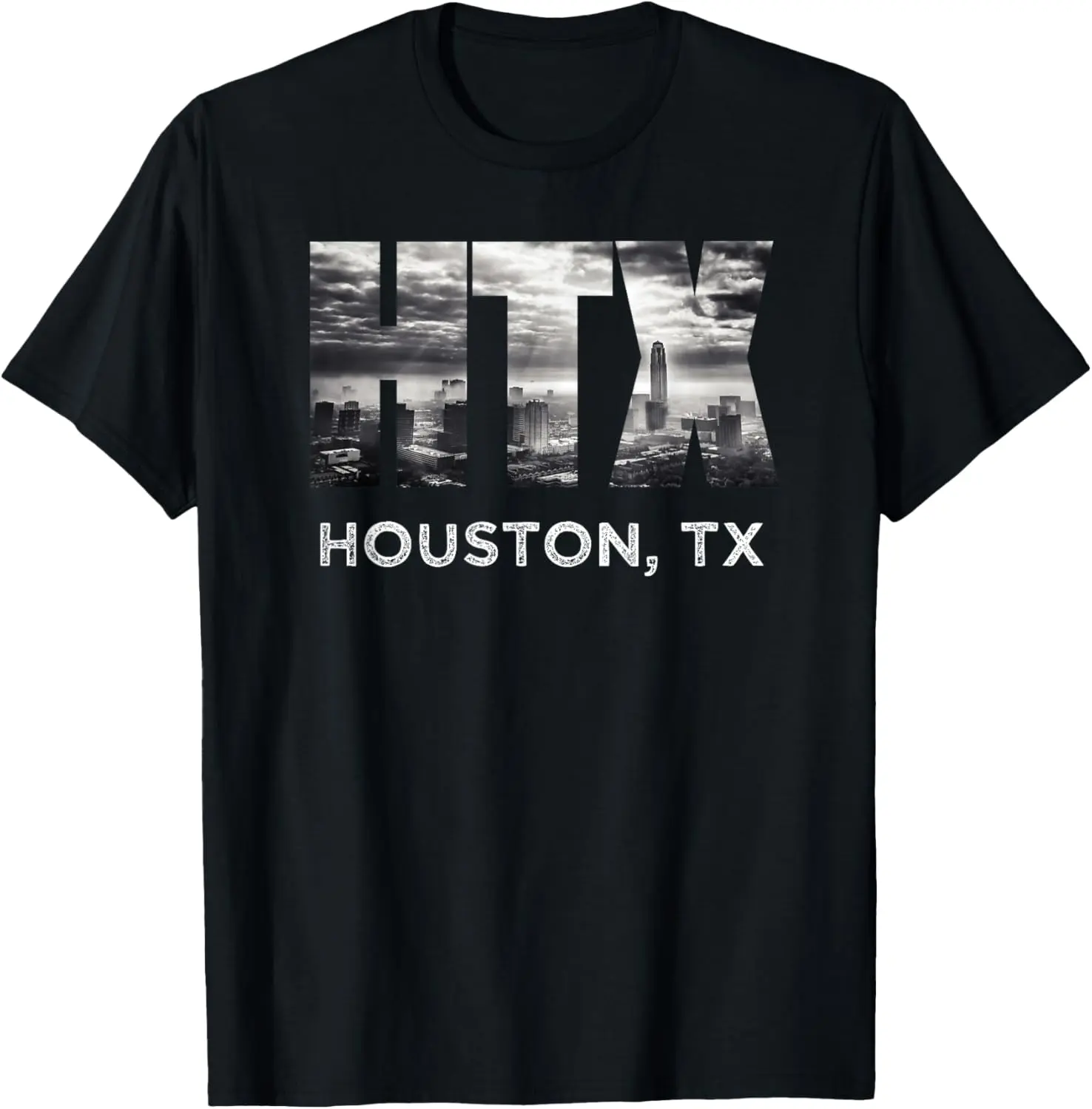 HTX City of Houston Skyline Art Downtown Texas Souvenir Gift Summer Casual Shortsleeve Cotton T-Shirt