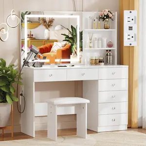 VOWNER 47" Makeup Vanity Desk with Lighted Mirror, 7 Drawers, 3 Storage Shelves, Built-In Outlet, 3 Color-Adjustable Brightness Modes and Matching Stool for Bedroom (White)