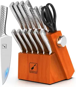 imarku Knife Set, 14PCS Knife Sets for kitchen with block, One-Piece Kitchen Knife Set with Built-in Sharpener, Stainless Steel Chef Knife Set with Lightning Stripes Handle, Dishwasher Safe(Wood) Kitchen Knives Knives