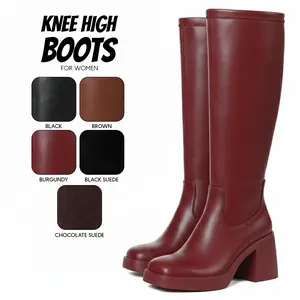 Womens Knee High Boots Platform Go Go Boot Square Toe Chunky Block Heel Side Zipper Comfy Wide Calf Easy Pull on Festival Rave Date Party Work Casual Wear Retro Burgundy Fashion Long Tall Dressy Shoes