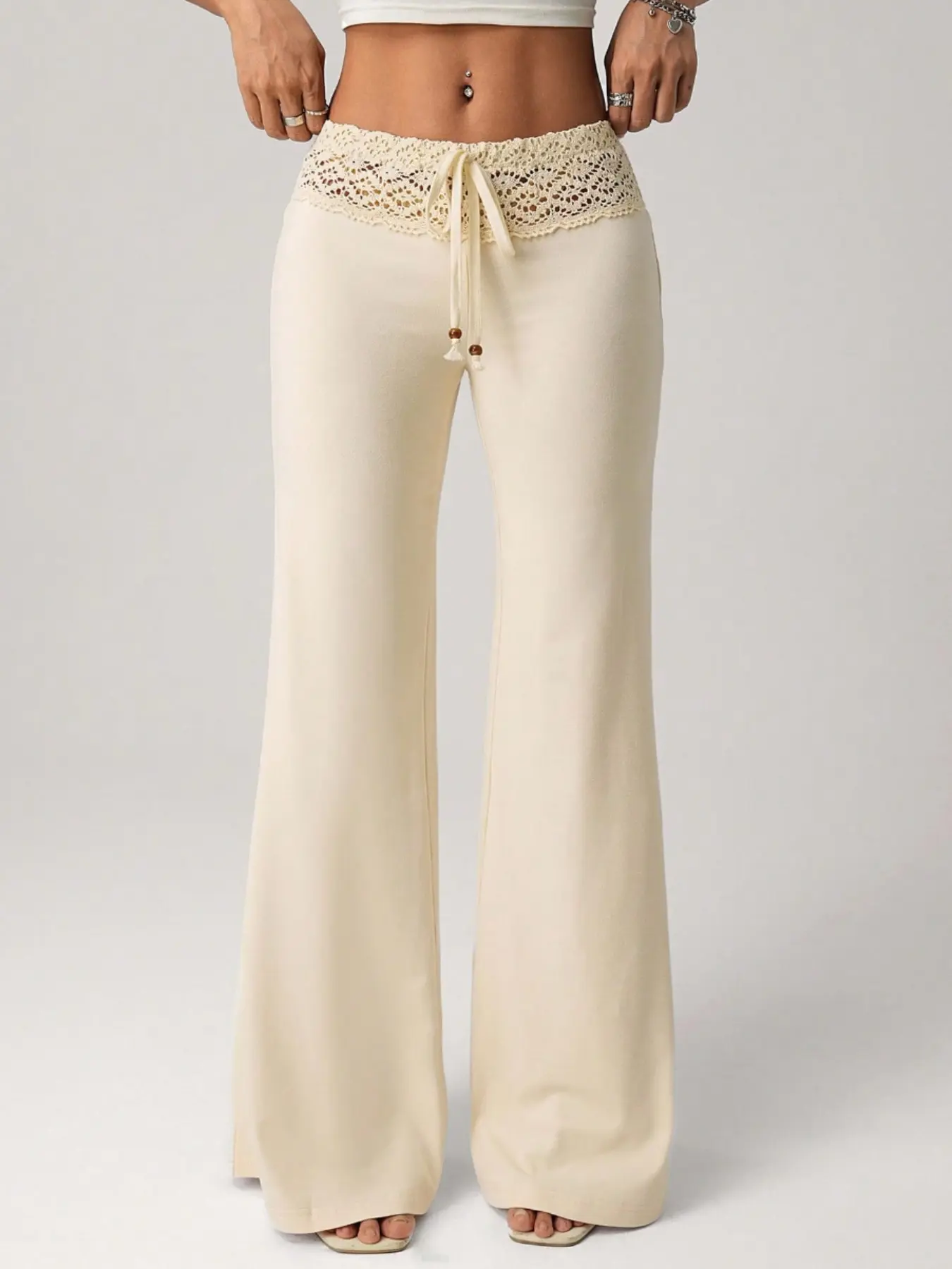 Women's Lace Patchwork Elastic Waist Flare Leg Slim Fit Casual Trendy Versatile Pants, All Season Trousers, High Waisted Drawstring High Waist Comfortable Trousers, Fashionable Feminine Ladies' Clothing Womenswear Bottom