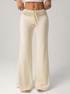 Women's Lace Patchwork Elastic Waist Flare Leg Casual Pants, High Waisted Comfortable Trousers, Fashionable Ladies' Clothing