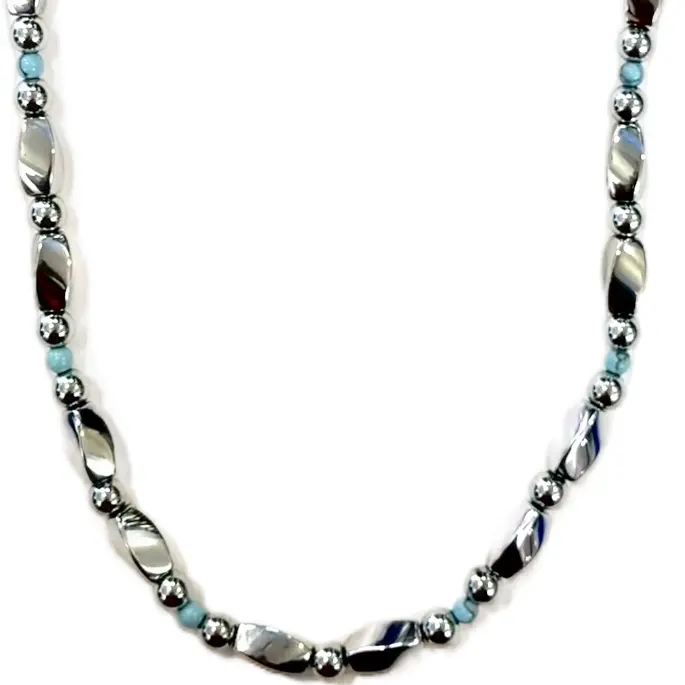 Silver Magnetic Hematite Necklace with Faceted Silver Beads & African Turquoise Accents for Relaxation & Balance